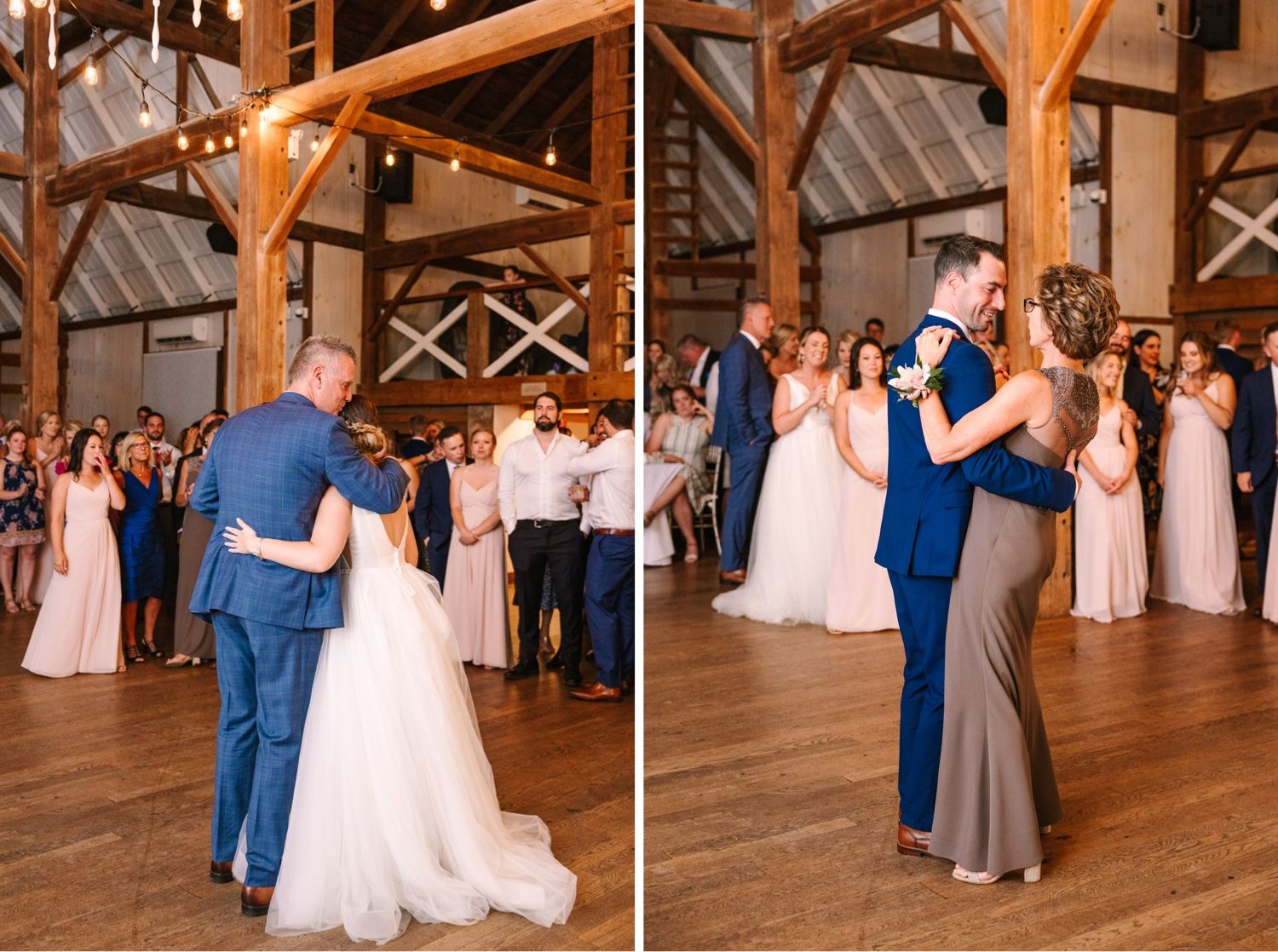 A special first dance between a couple in formal attire at their wedding reception in a rustic barn venue.