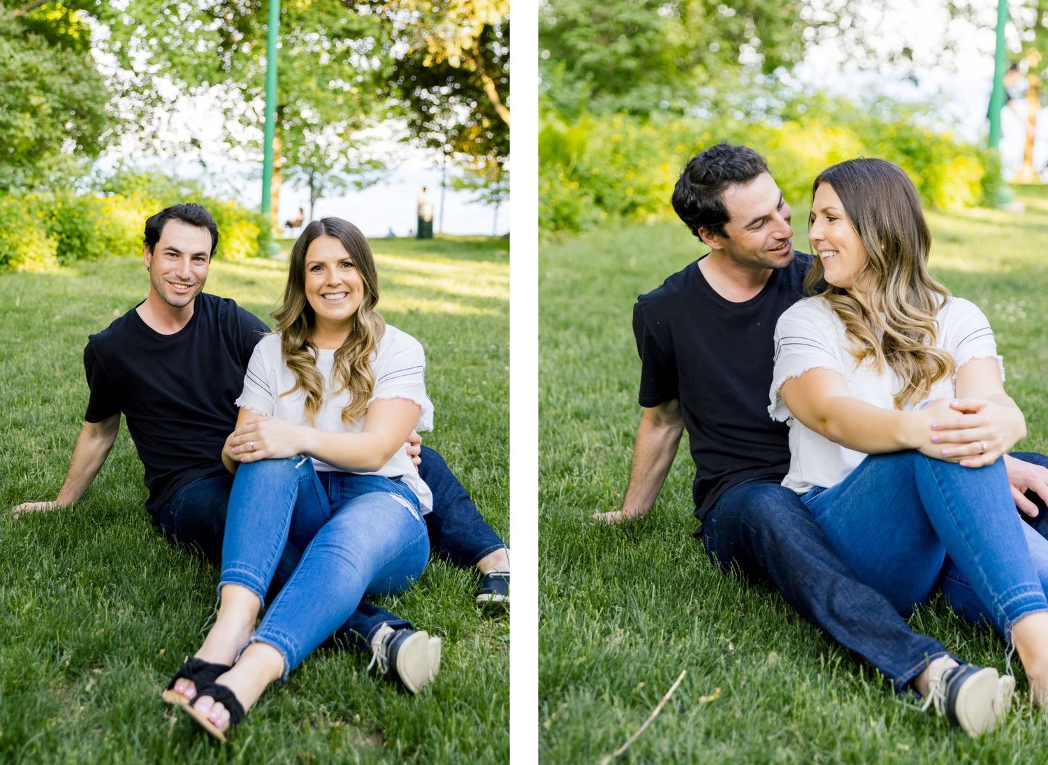 Side-by-side photos of a couple sitting casually on grass in a park setting.