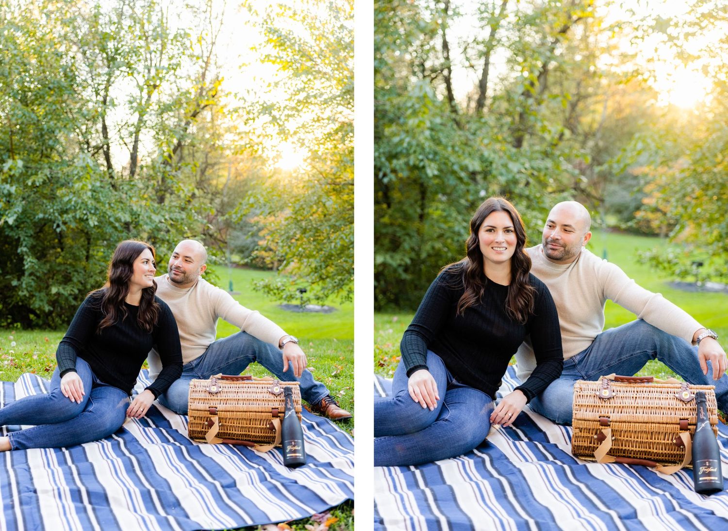Couple having picnic on striped blanket with wicker basket during golden hour.