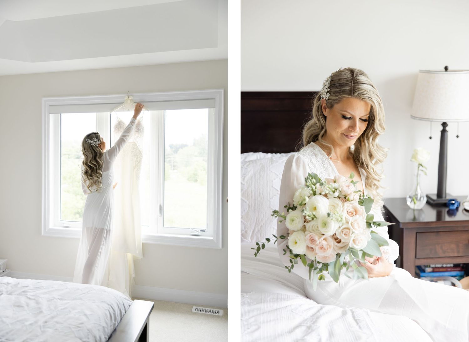 Light and airy getting ready moments before a wedding with white decor and floral bouquet.