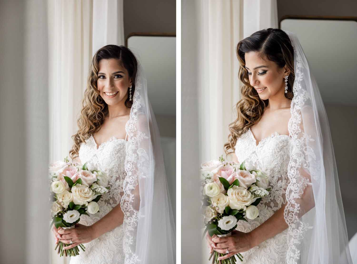 Side-by-side bridal portraits showing lace veil and white rose bouquet details.