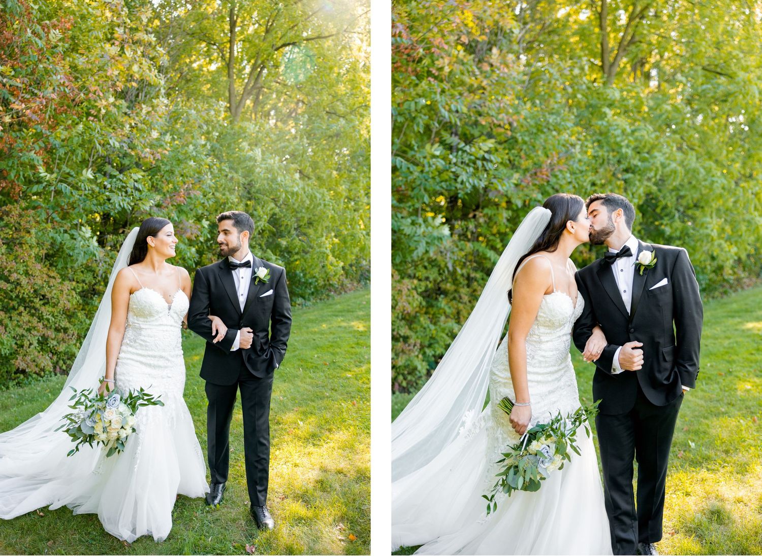 Newlyweds share intimate moment during outdoor wedding photoshoot with natural backdrop.