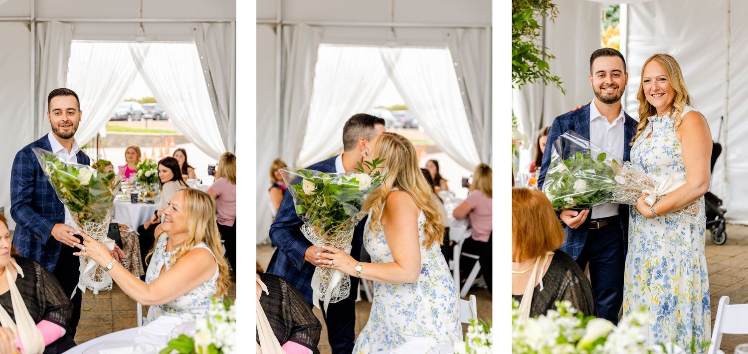 Series of photos showing celebration moments at an outdoor reception with floral bouquets.