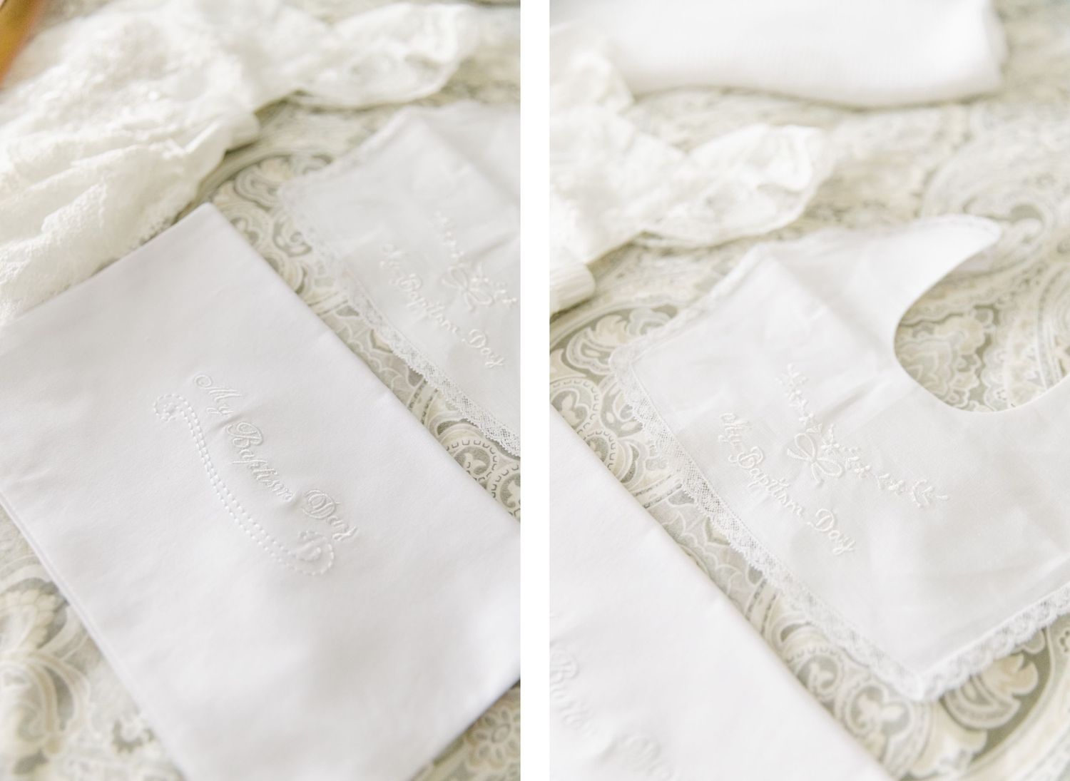 Close-up details of white fabric with delicate lace patterns.