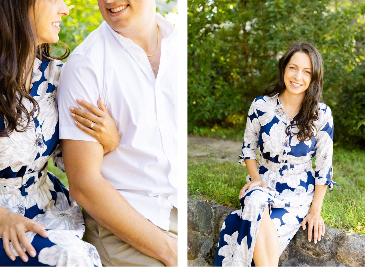 Split image showing a close-up embrace and a solo portrait in a floral dress against foliage.
