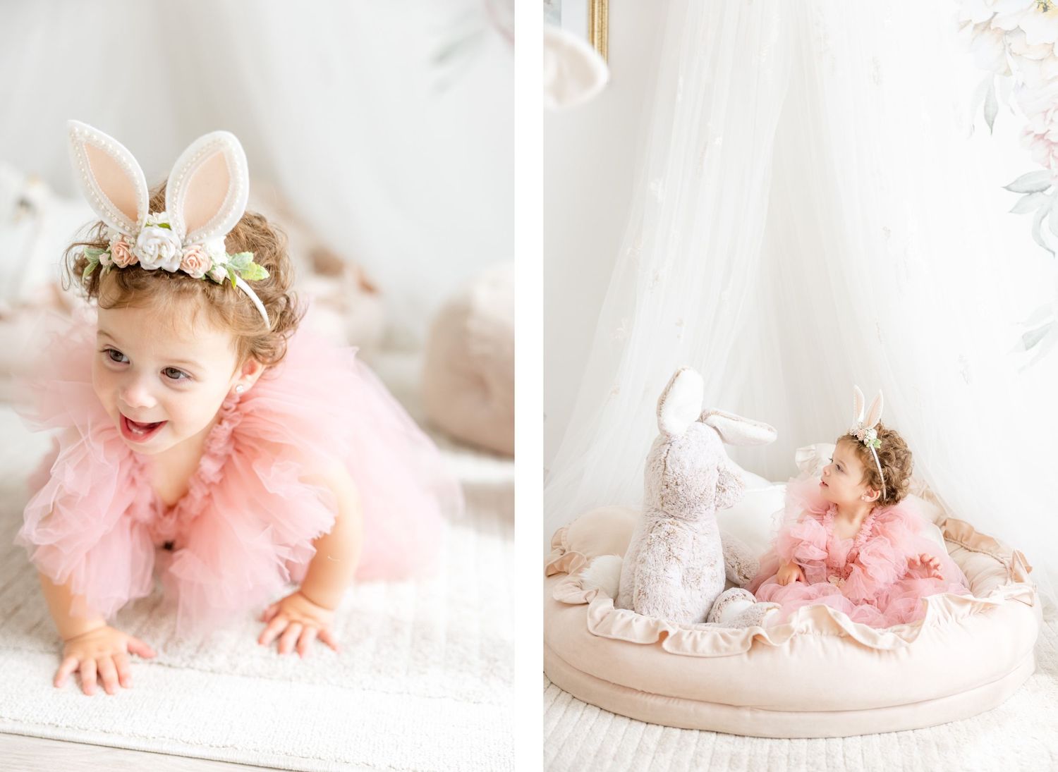 Two photos of a toddler in pink dress playing with a white bunny toy on a round cushion.