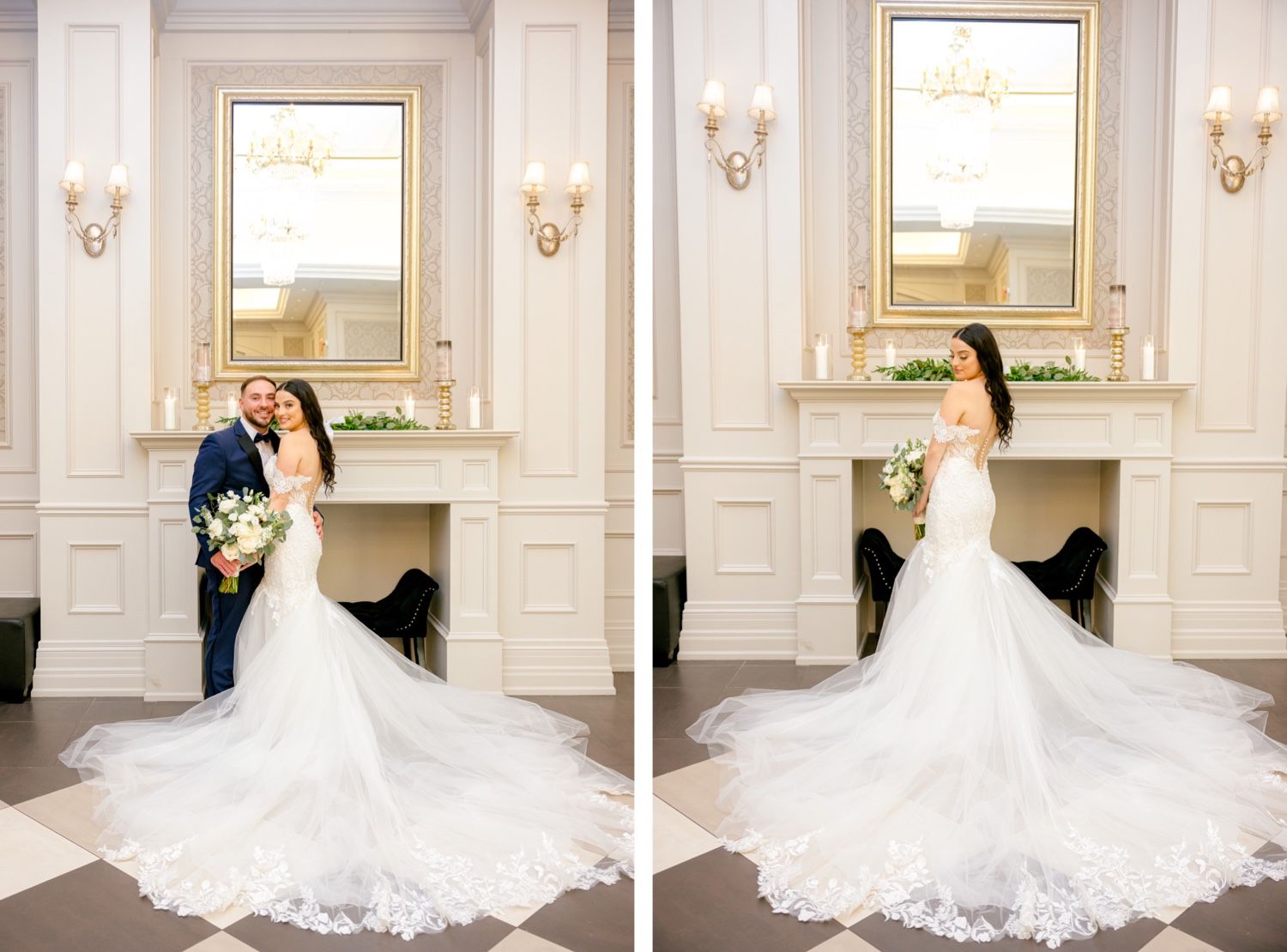 Interior portrait session in an elegant white room with ornate wall panels and mirrors.