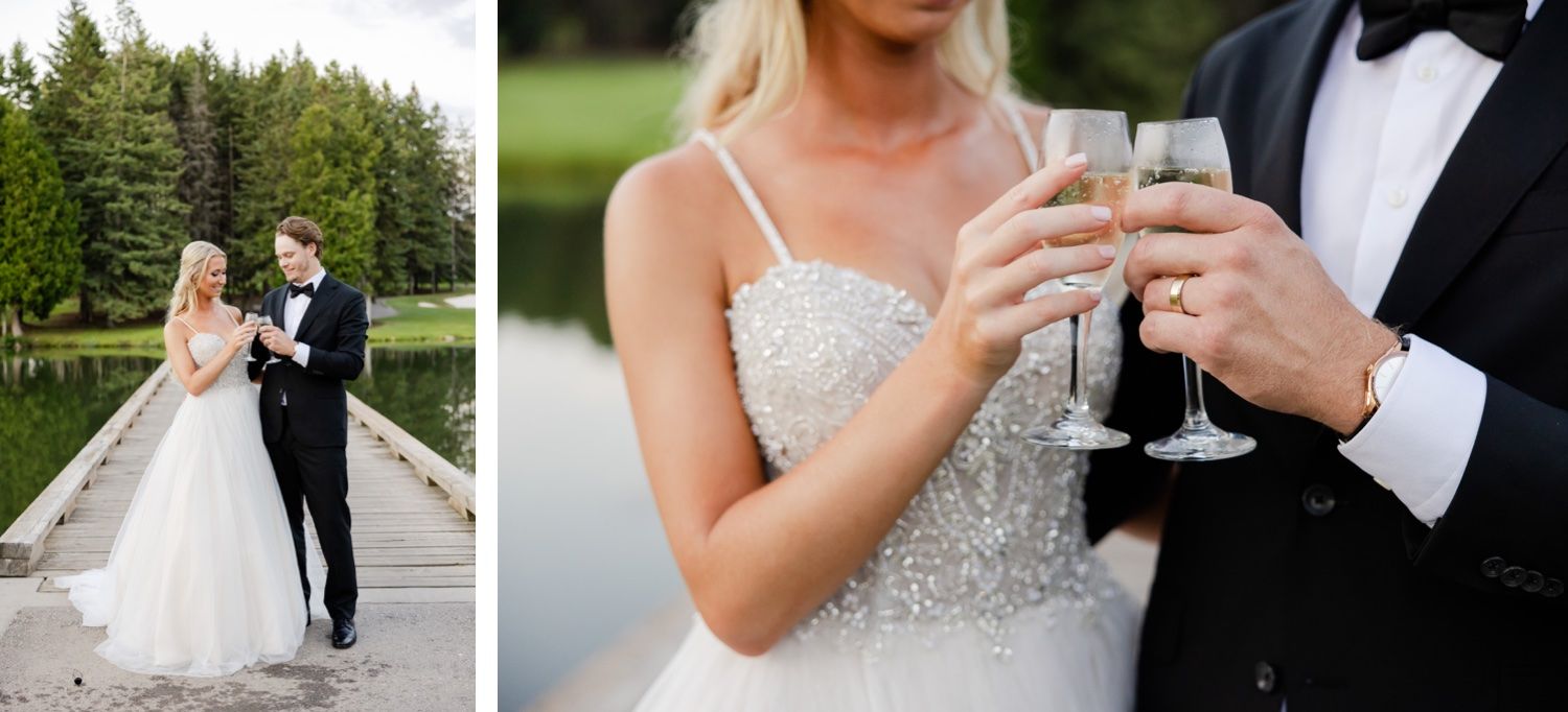 A wedding photo collage showing a couple walking on a dock and sharing champagne together.