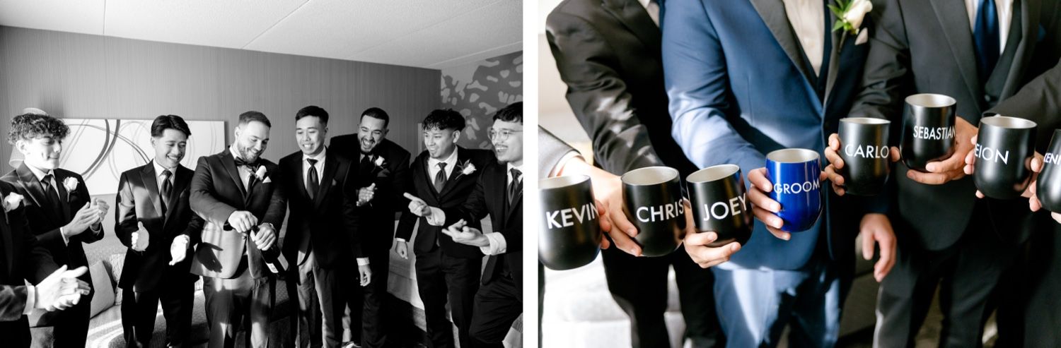 Wedding party members in suits opening drinks and celebrating together in black and white.