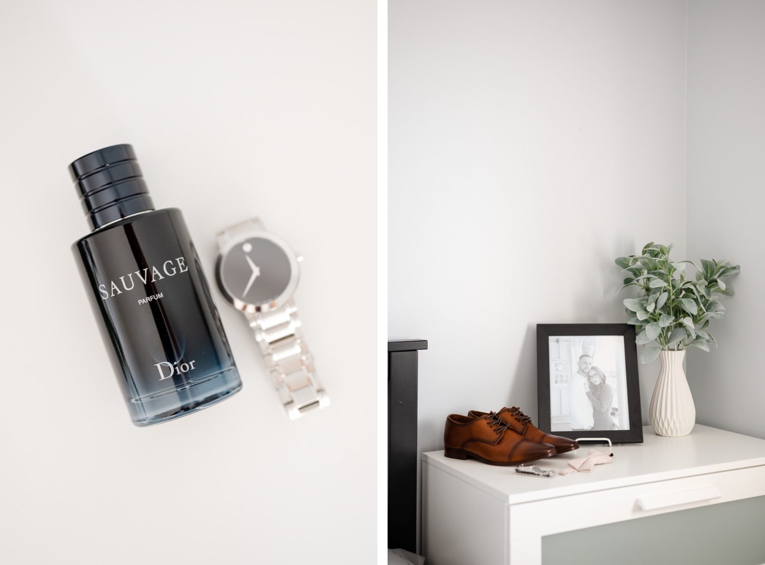 Cologne bottle and wedding accessories styled with minimalist decor on white surface.