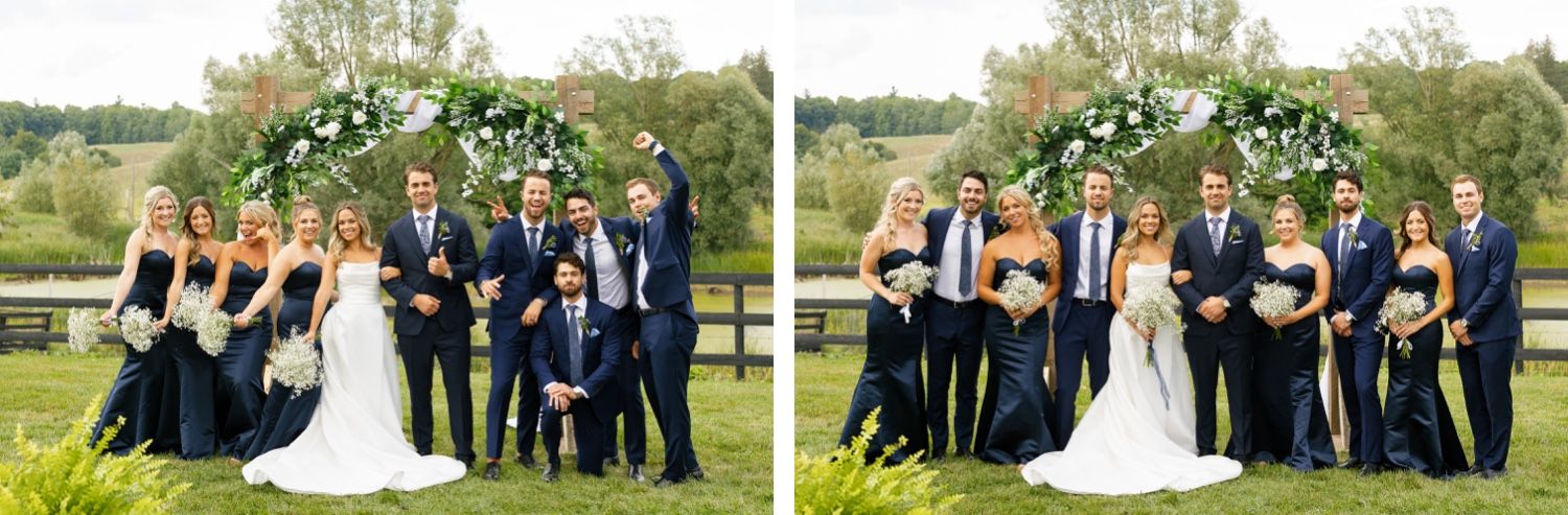 Fun candid shots of wedding party posing together under floral arch in outdoor setting.