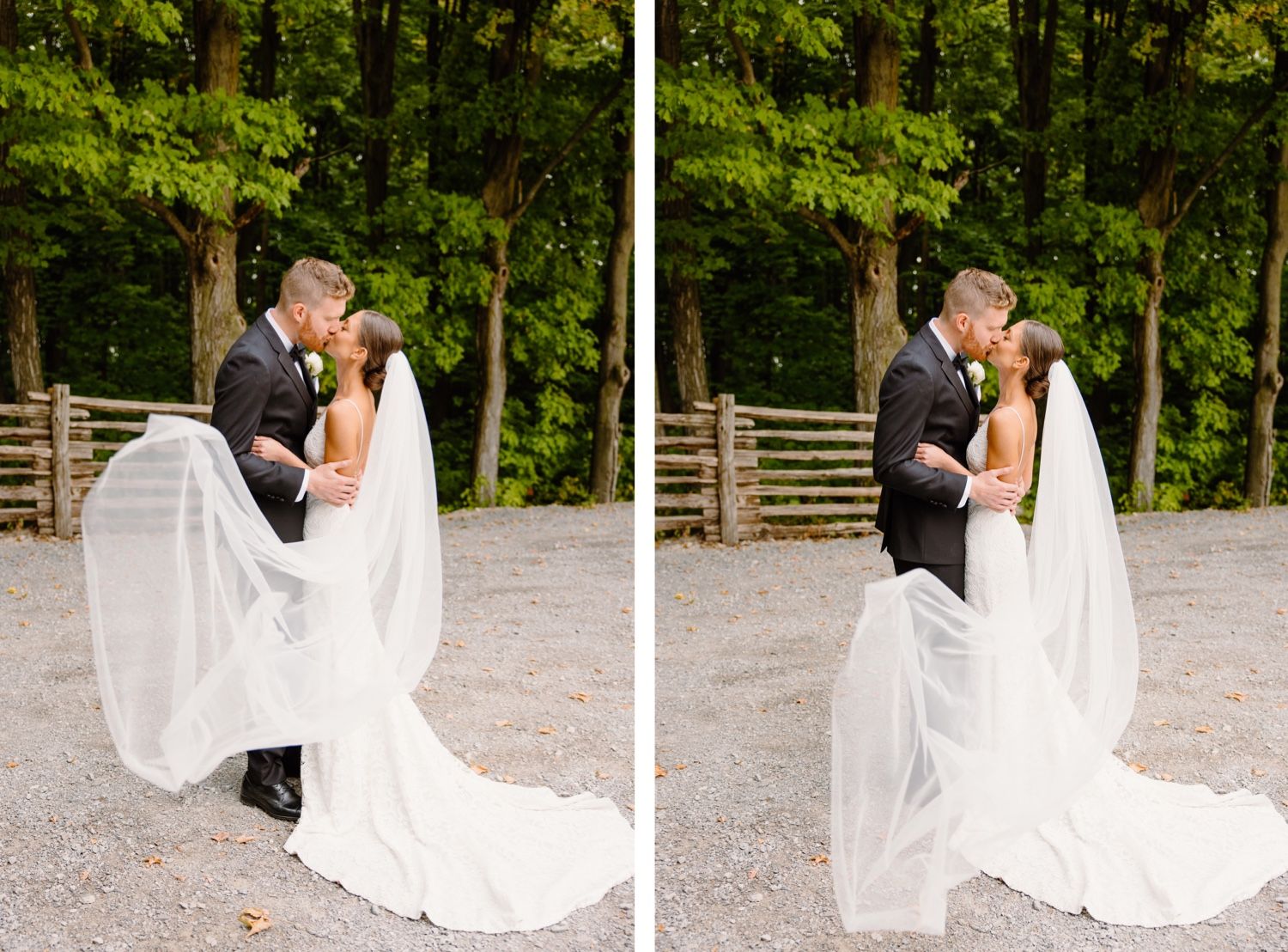 Elegant wedding couple portrait with flowing veil on forest path.