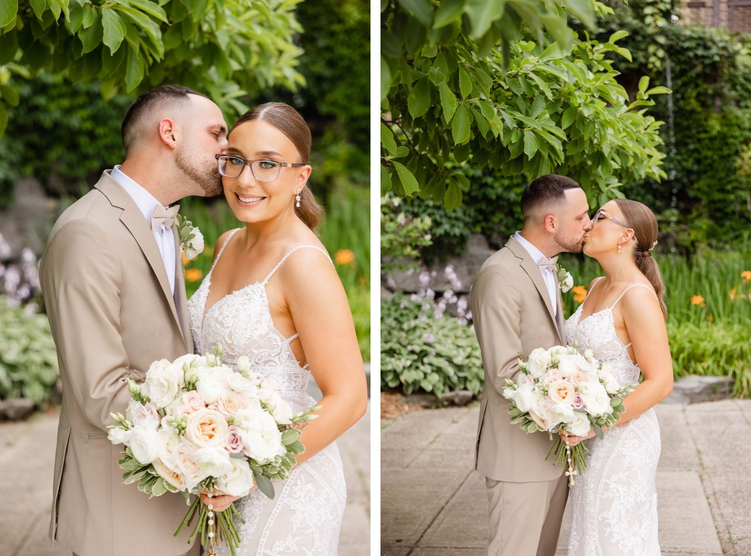 Intimate wedding portraits captured in lush garden setting with white floral bouquet.