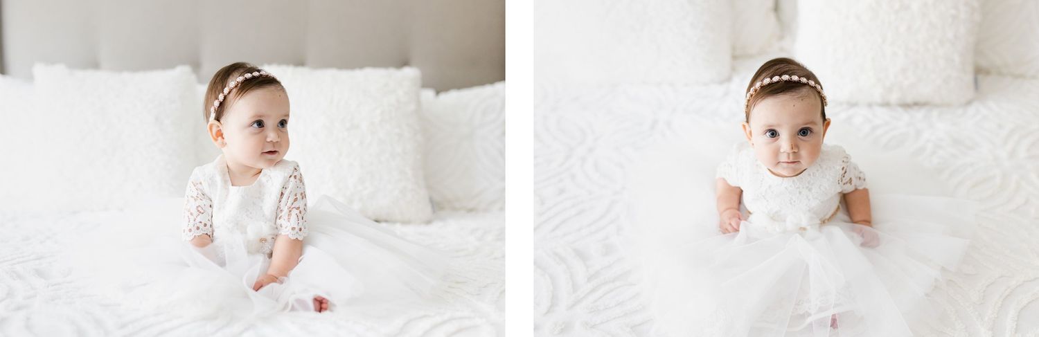Two photos of baby in white dress sitting on bed with decorative headband.