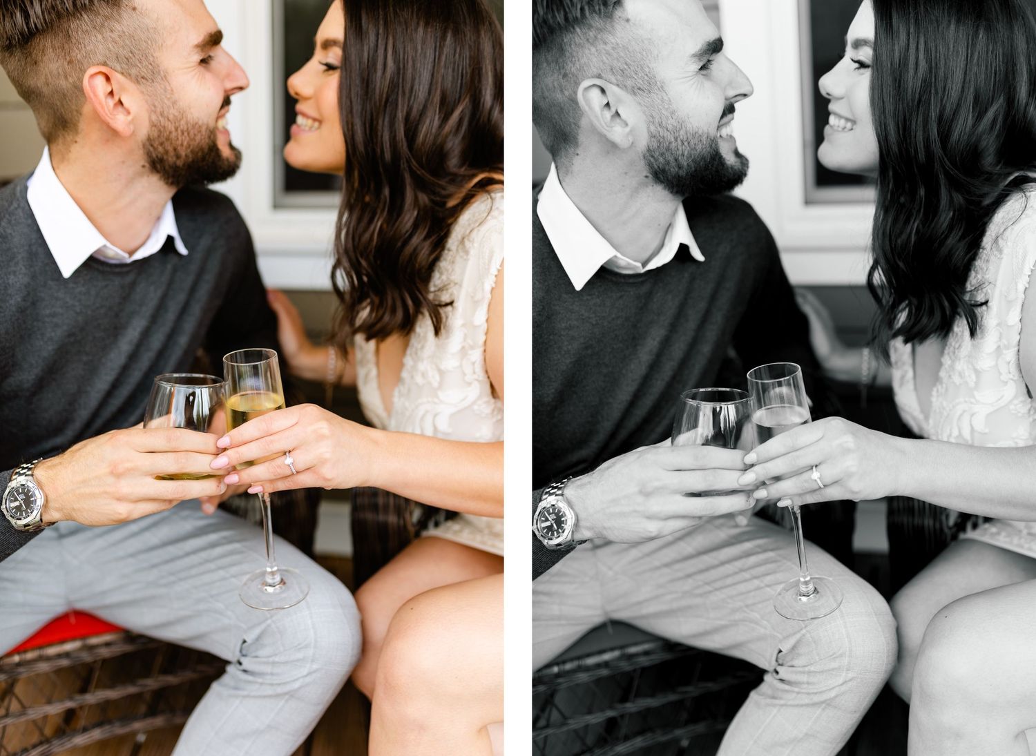Intimate couple sharing romantic moment with drinks in both colored and black and white photography.