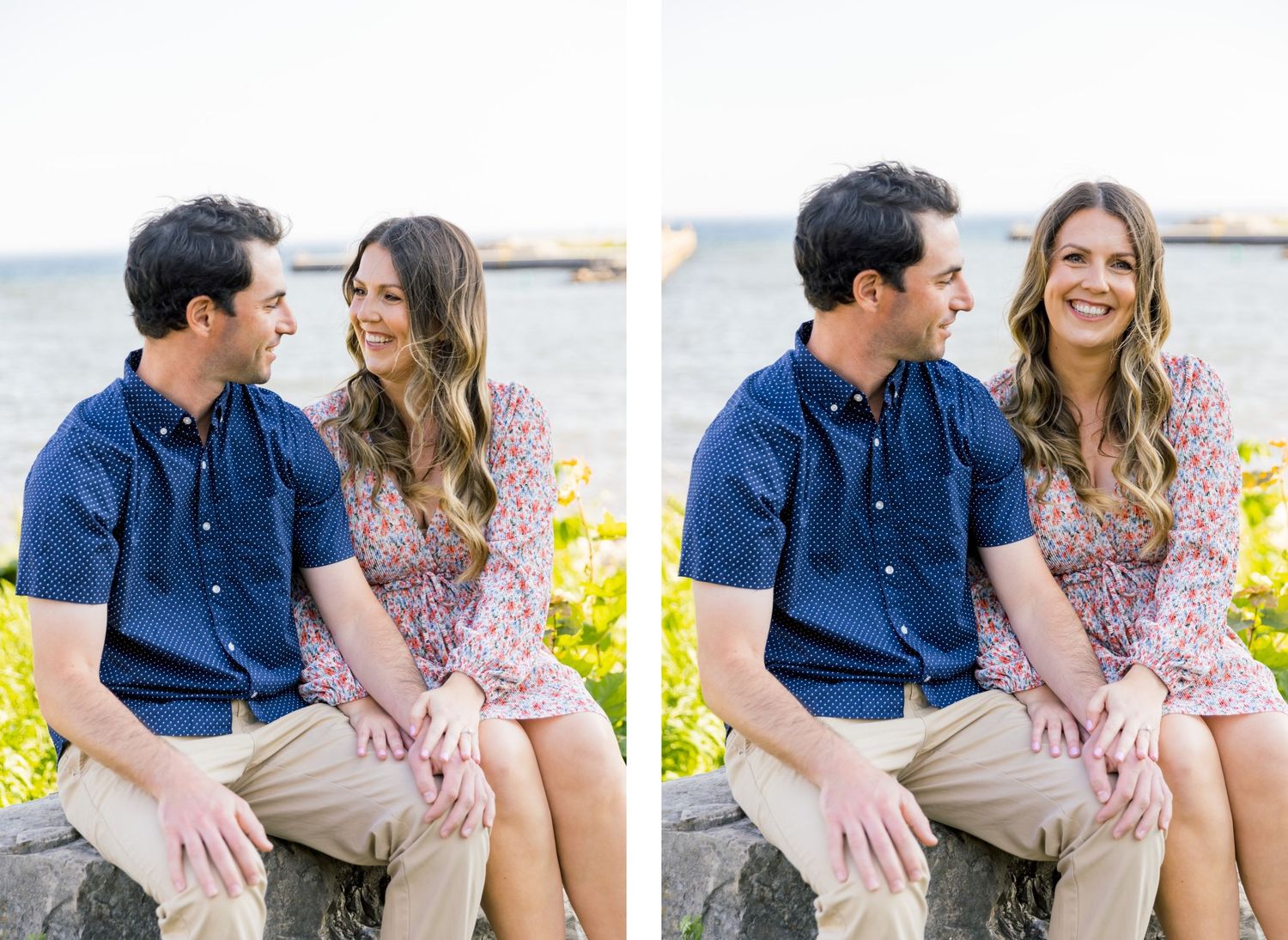 A couple sitting together on rocks by the ocean sharing a loving moment.