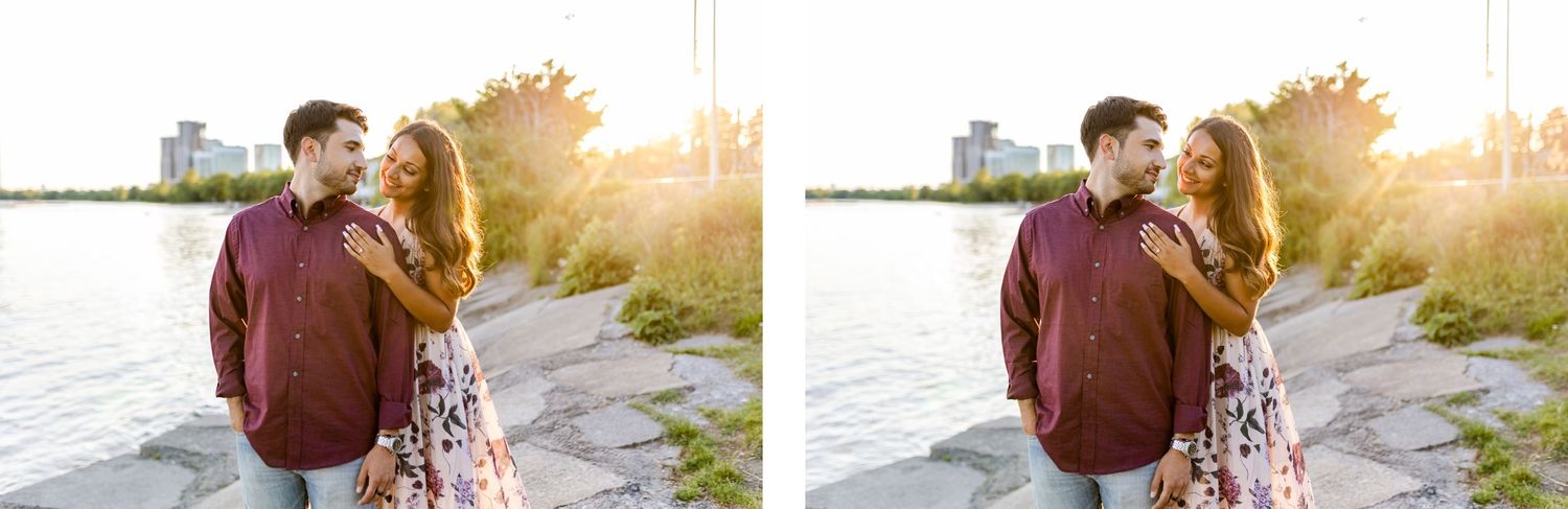 Side-by-side sunset portraits of couple laughing together by waterfront.
