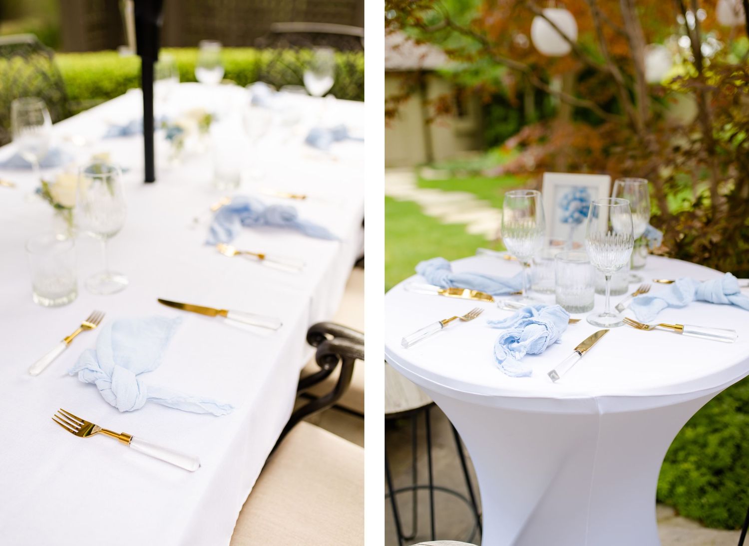 White round tables set with blue and white decor and gold utensils for an outdoor event.