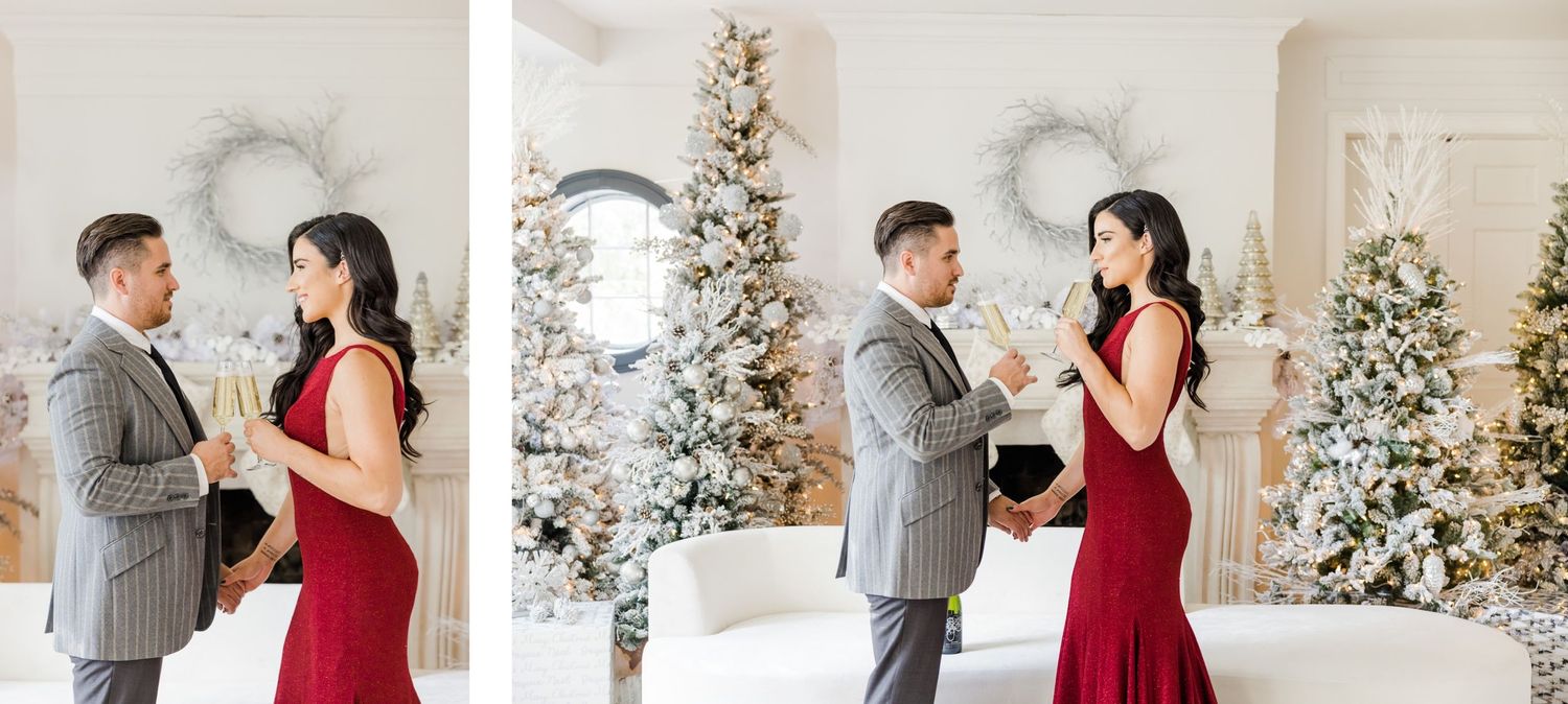 Holiday engagement sequence showing couple dancing among decorated Christmas trees.