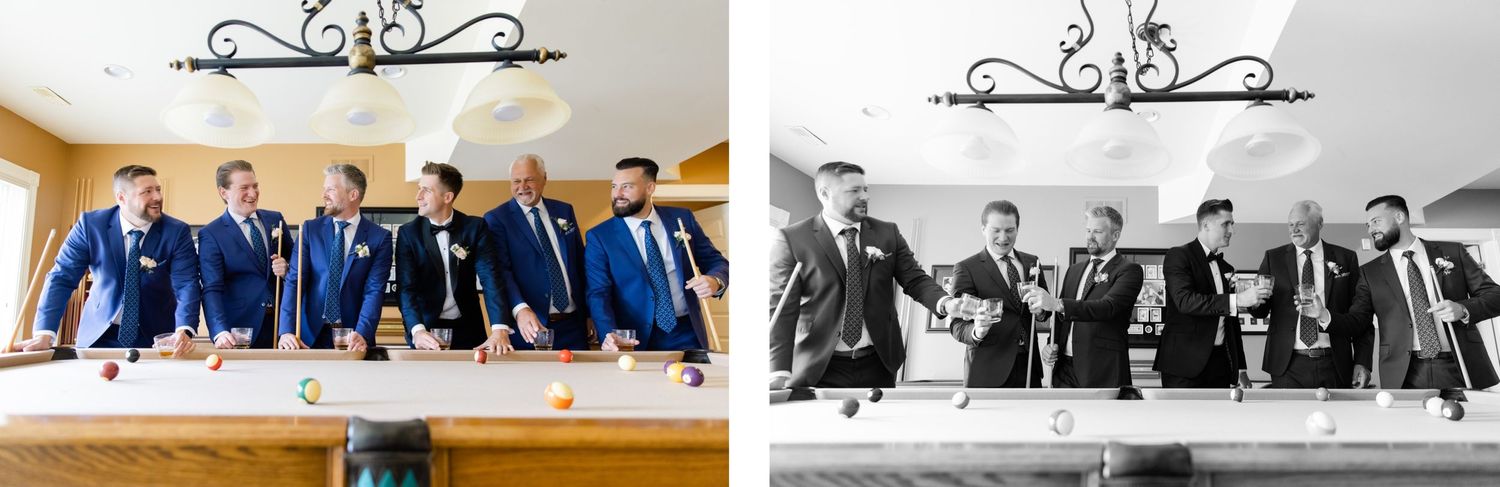 Two versions of groomsmen at pool table - one in color, one in black and white.