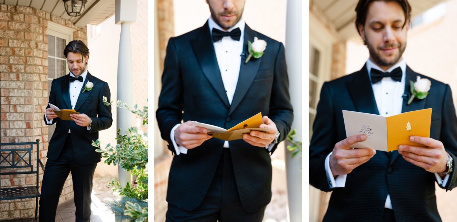 Three frame sequence of groom reading from small book on brick porch.