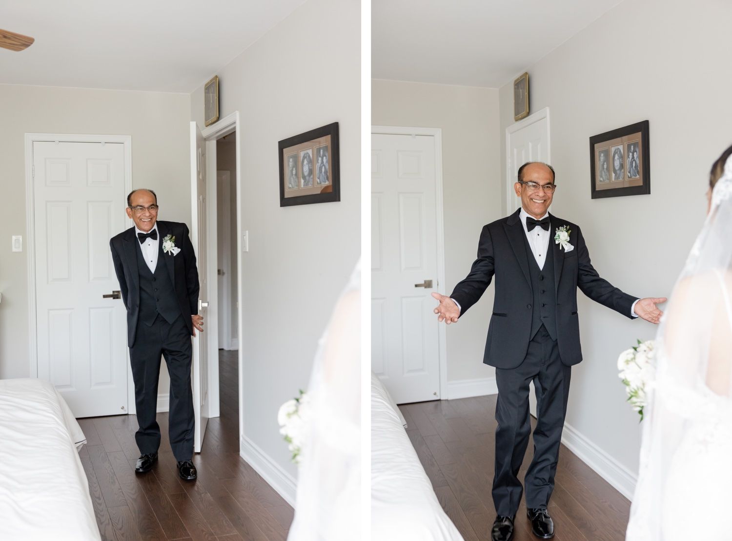 Side-by-side images showing an emotional first look moment in a bedroom.