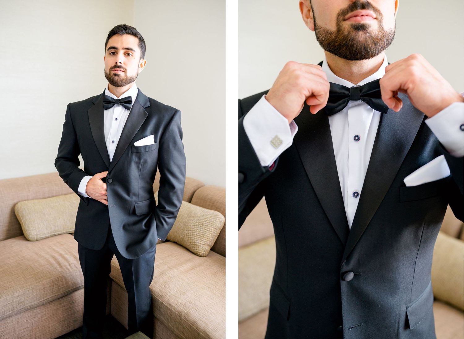Side-by-side photos of a groom in a black tuxedo adjusting his bow tie.