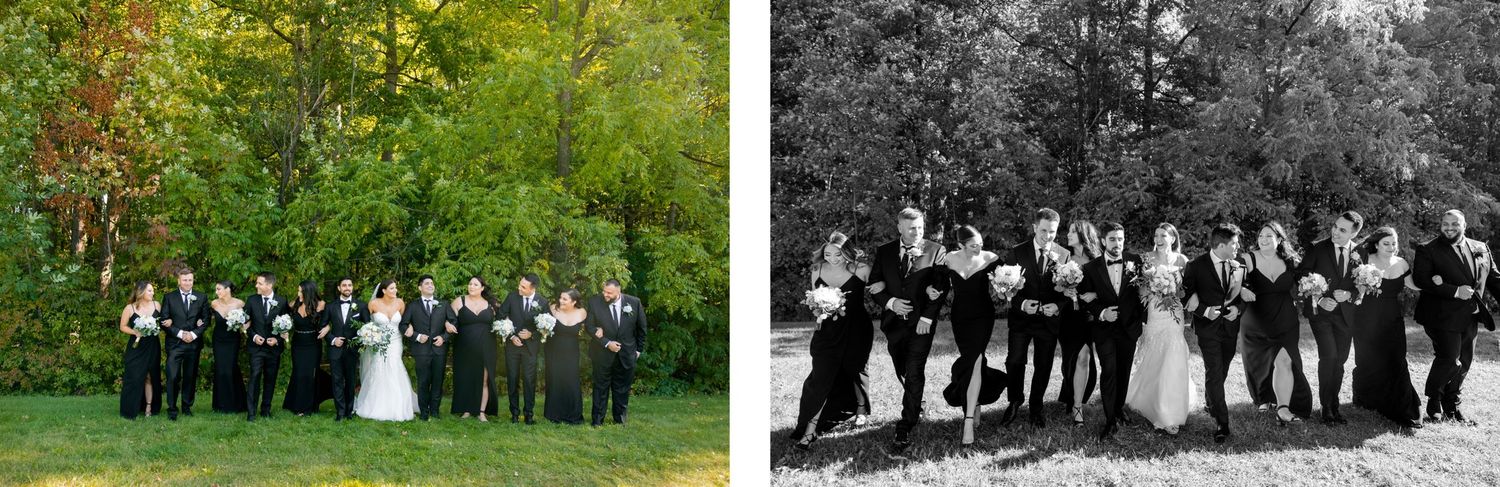 Side-by-side images show wedding party in both color and black-and-white outdoor settings.
