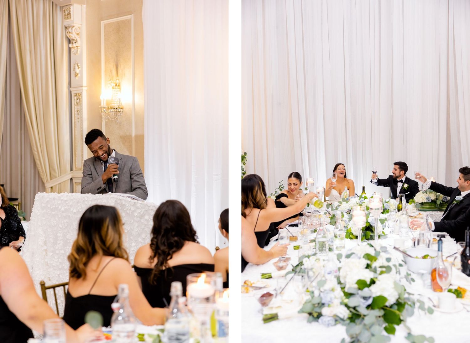 Wedding reception candid moments captured during speeches and toasts.