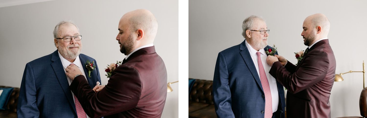 A sequence showing a boutonniere being adjusted on a formal suit jacket.