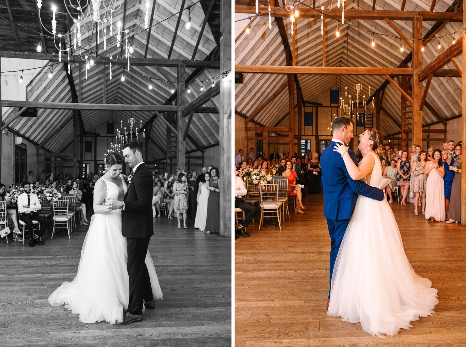 Side by side photos of first dance in rustic barn venue shown in color and black and white.
