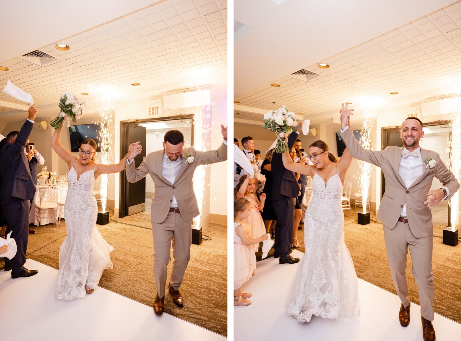 Wedding reception entrance featuring a celebratory dance entrance in a decorated indoor venue.
