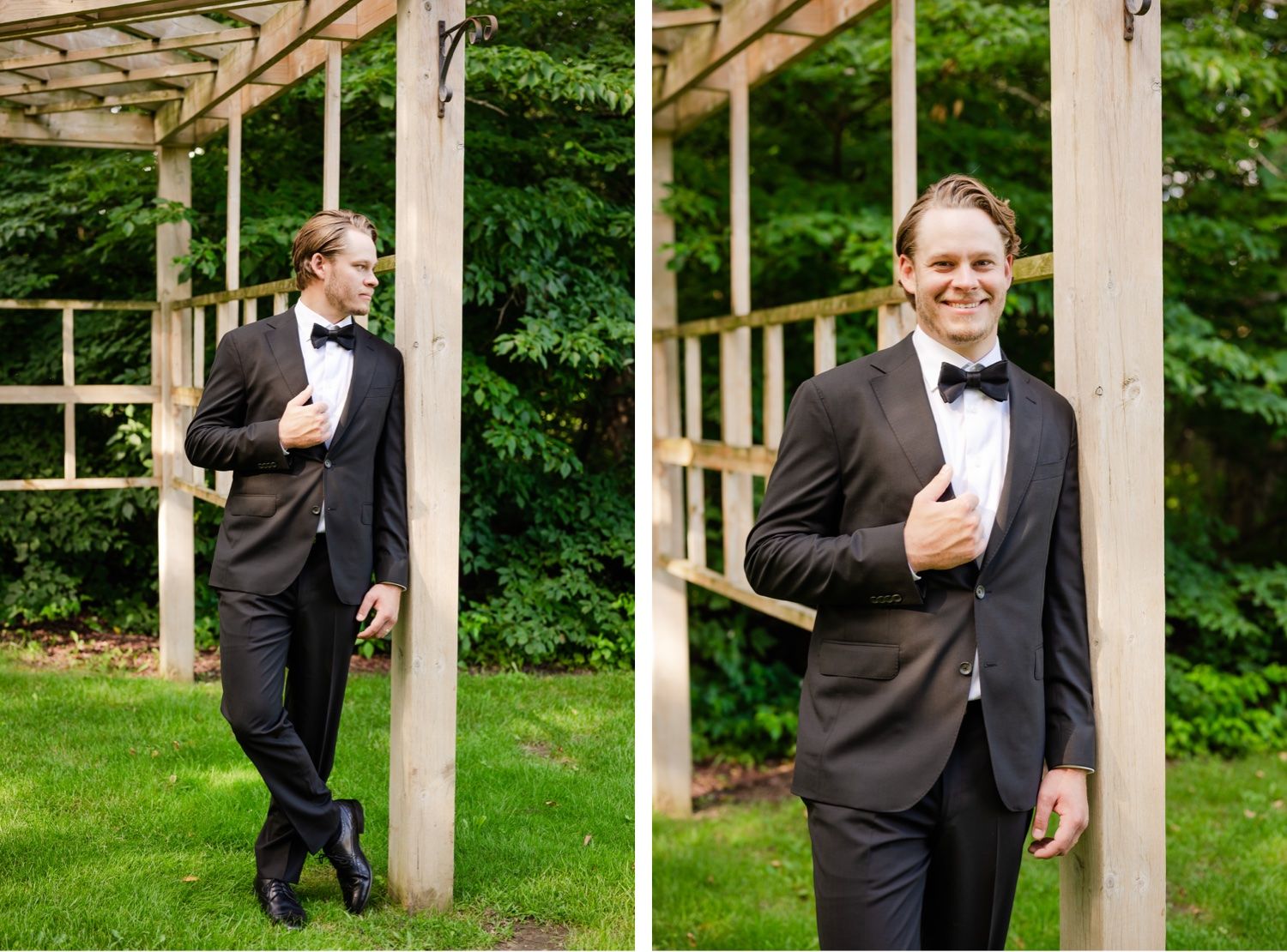 Classic groom portraits in black tuxedo and bowtie under wooden garden pergola.