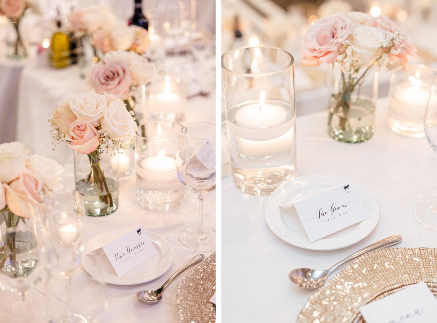 Intimate wedding table details with small rose arrangements and glowing candles on white linens.