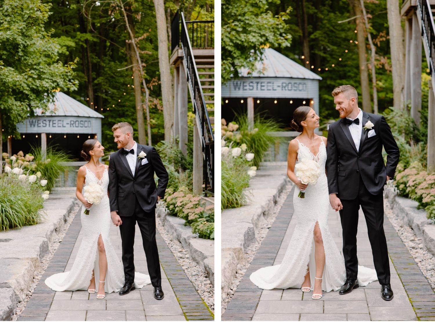 Side-by-side wedding photos showing couple walking on stone path near garden venue.