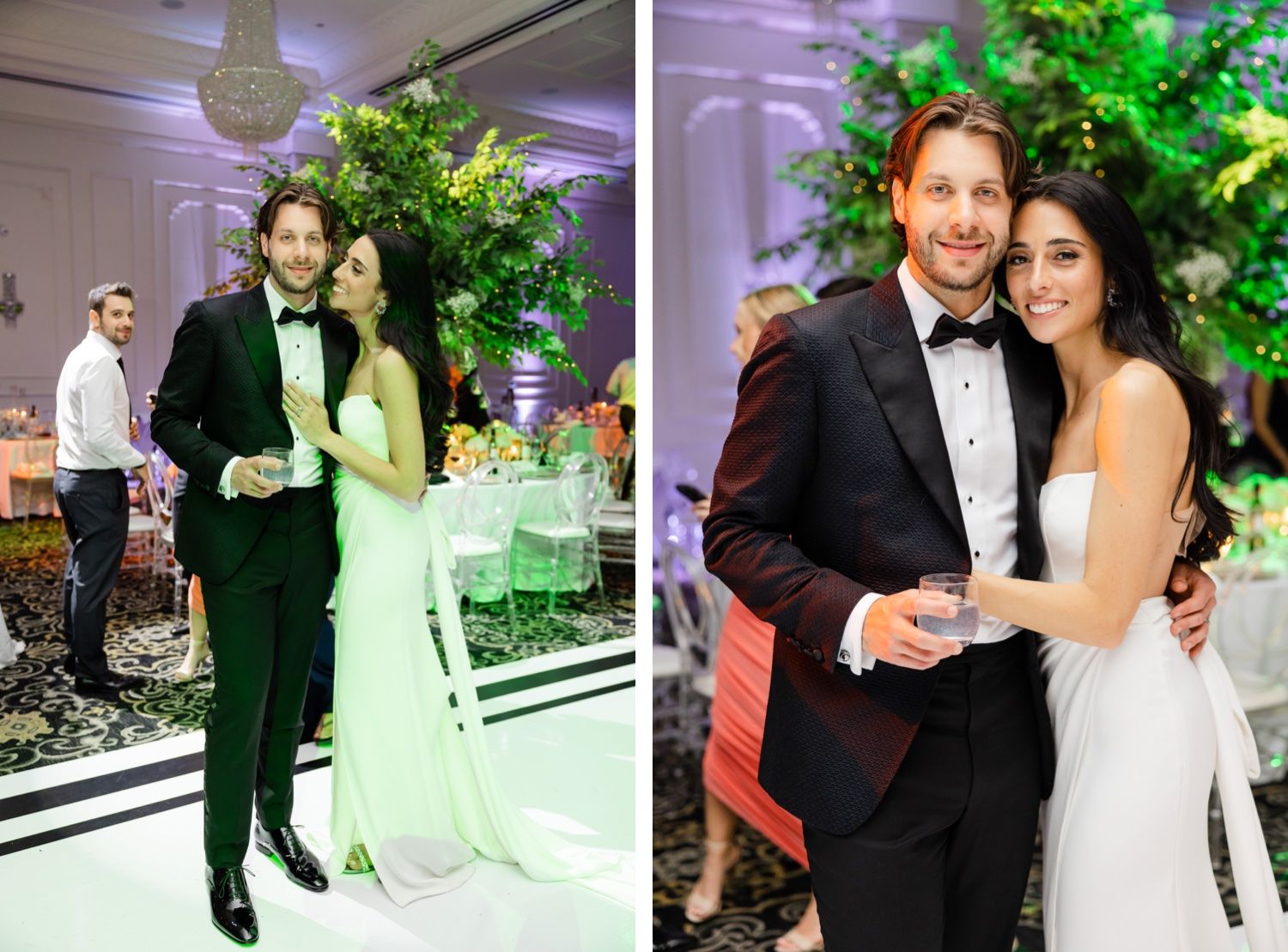 Elegant couple poses at wedding reception near lush green floral arrangements.