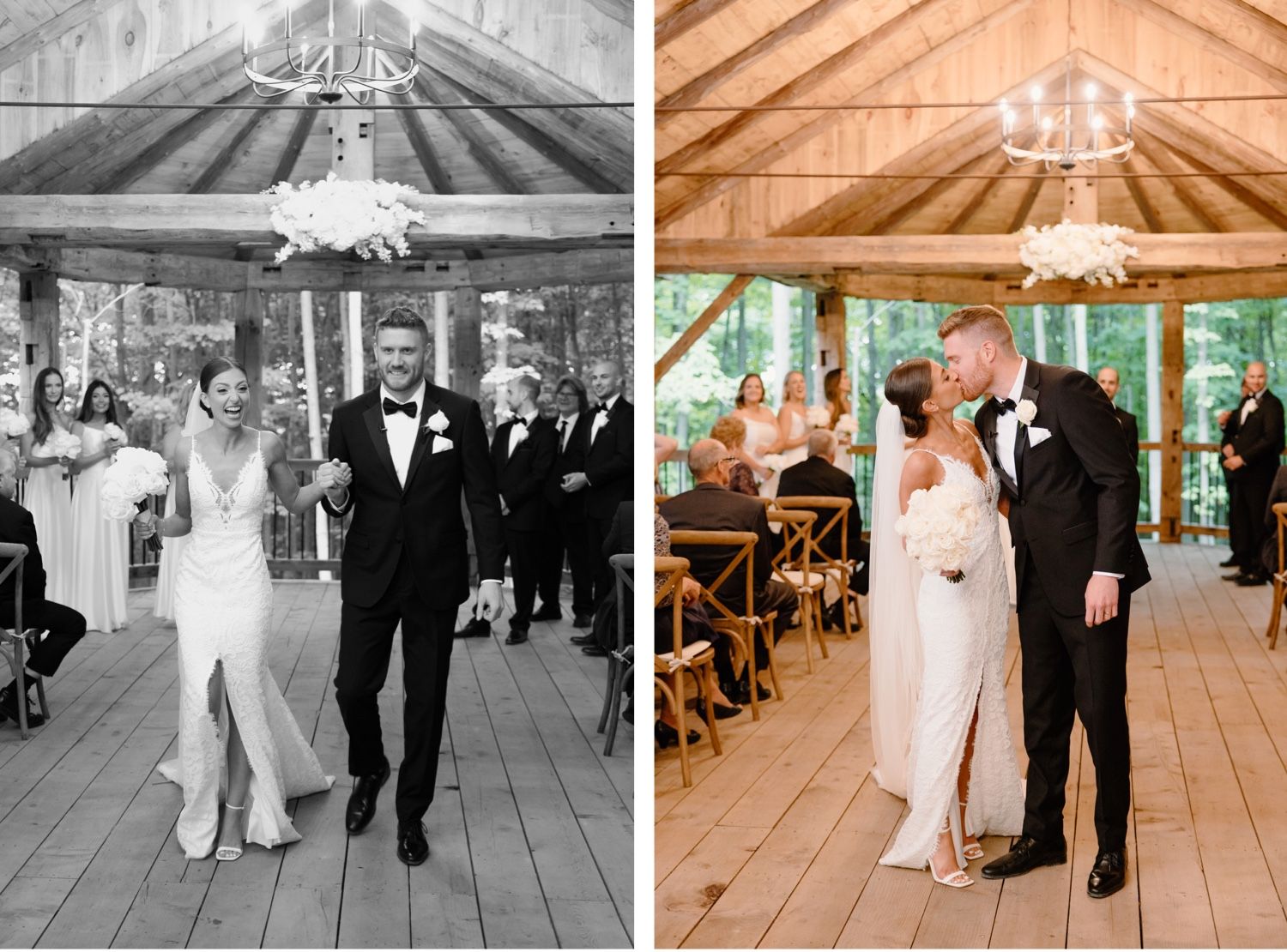 Wedding couple shares their first dance in a rustic wooden pavilion.