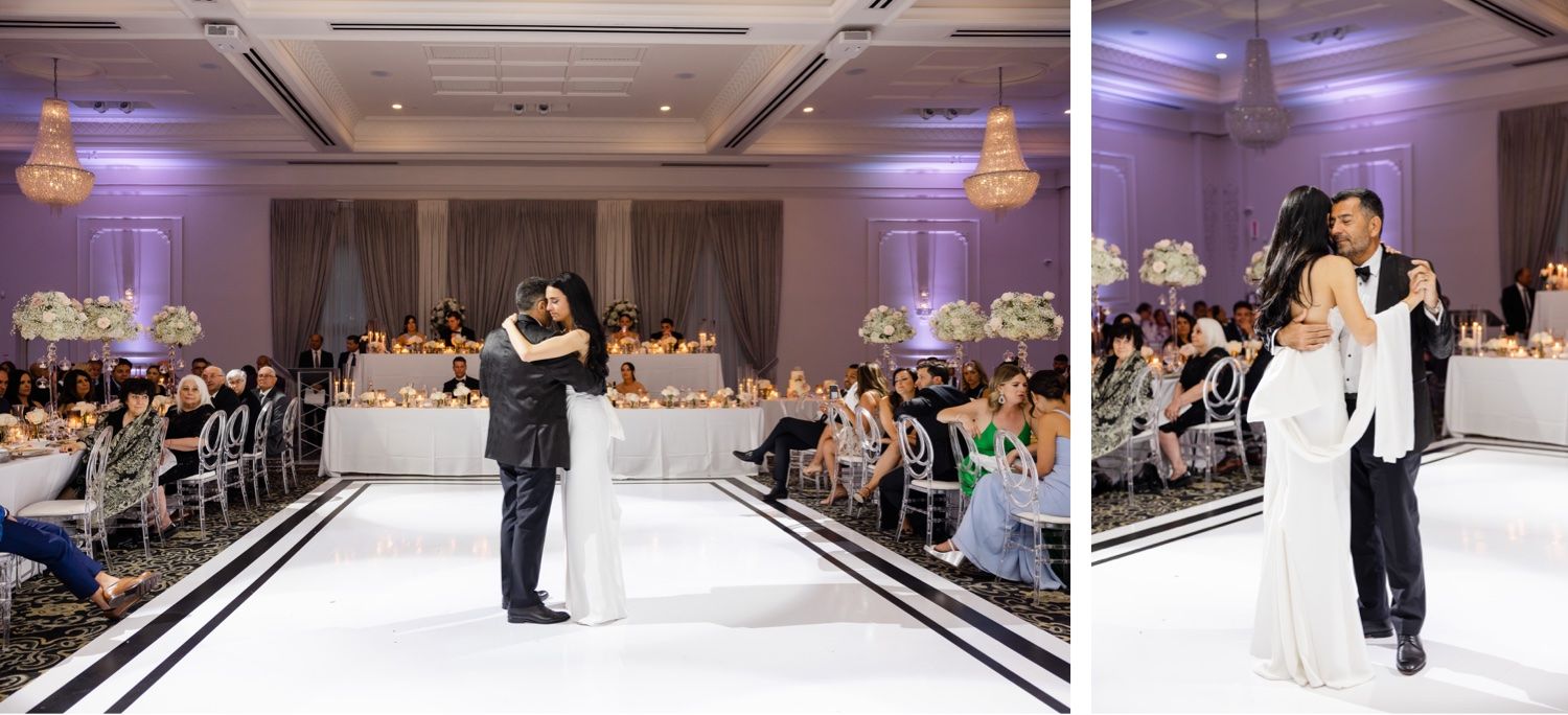 Wedding couple dances on illuminated white runway-style dance floor with guests watching from both sides.