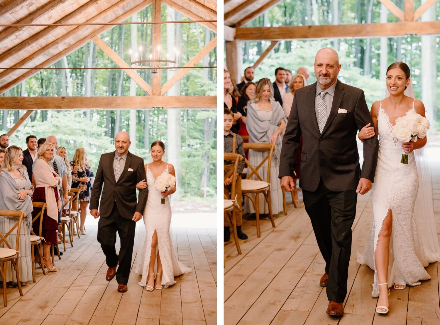 Wedding ceremony processional in sunlit wooden pavilion with rustic forest setting.