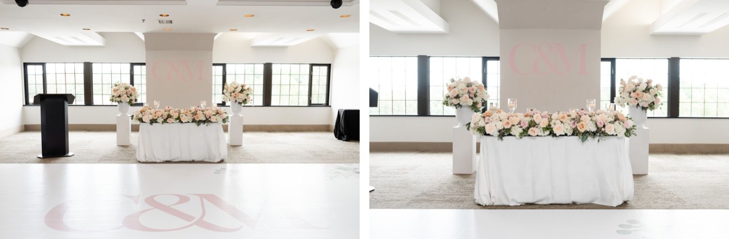 Elegant wedding reception venue with white decorated tables and large windows.