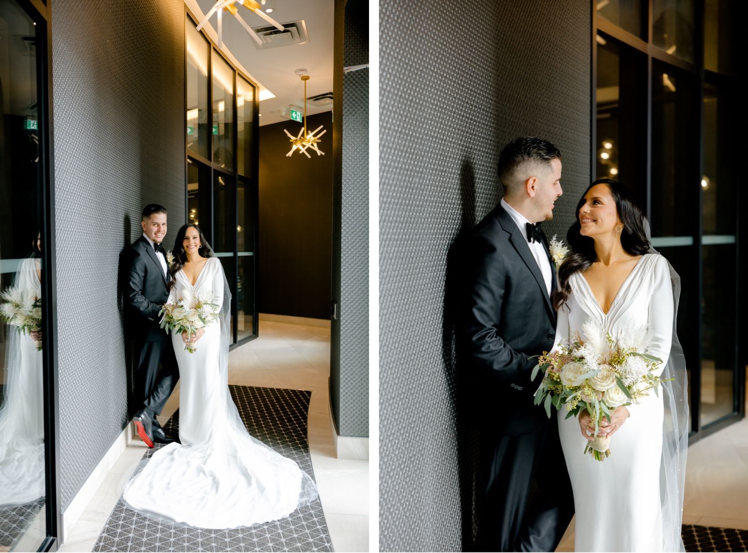 Side-by-side wedding portraits in modern hallway with geometric patterns and lighting.