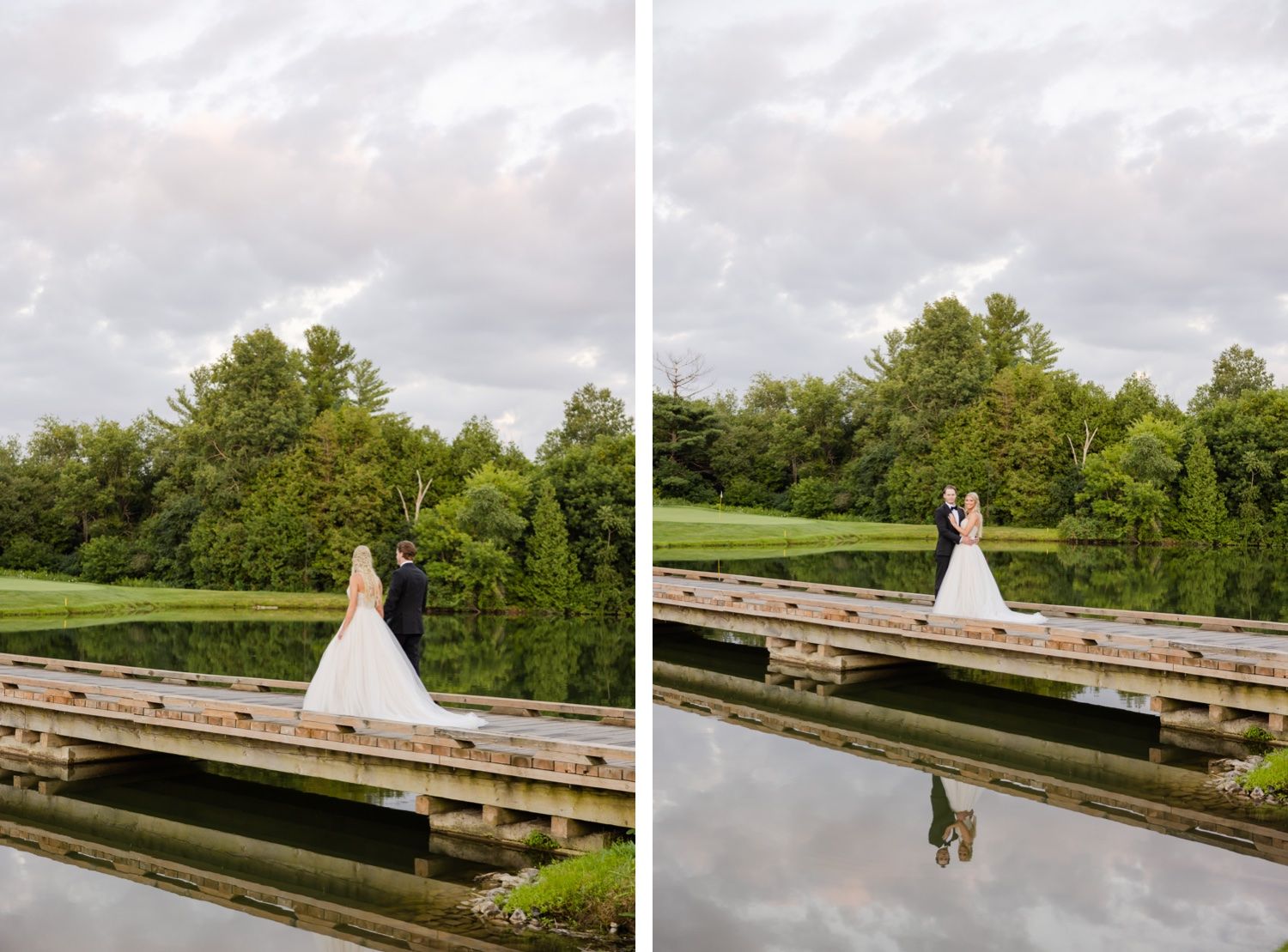 Wedding dress reflection shimmers in pond water next to wooden pier surrounded by trees.