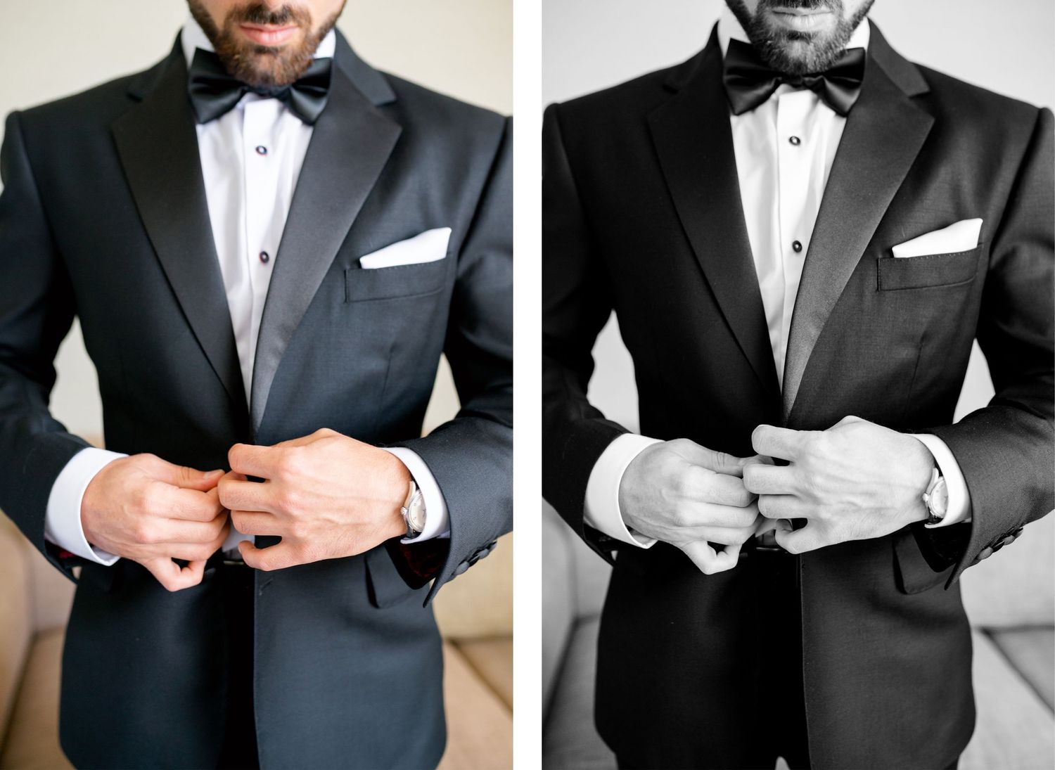 Side-by-side comparison of color and black-and-white photos showing formal attire details.