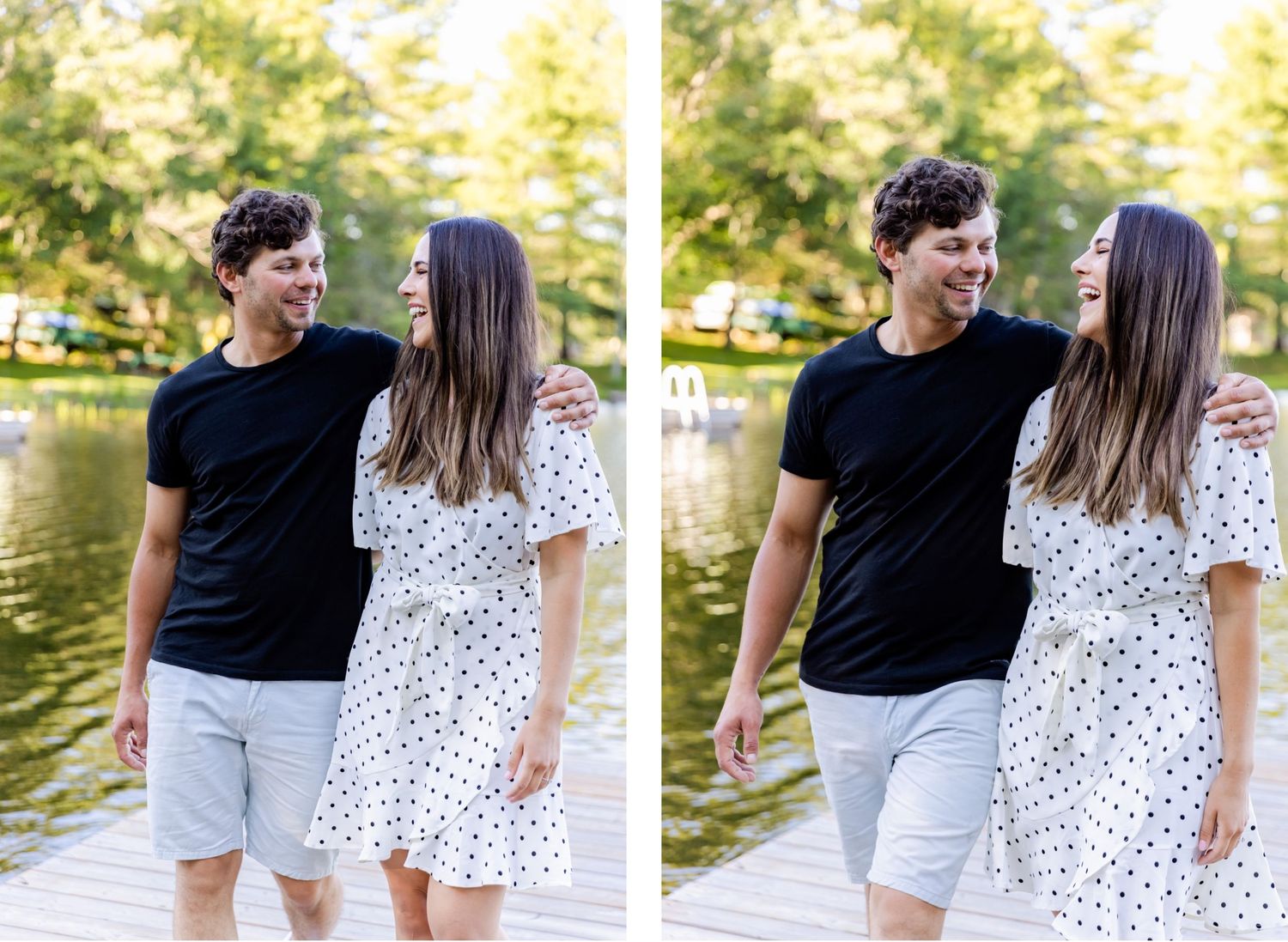 Playful couple in summer attire sharing laughs on wooden dock by lake.