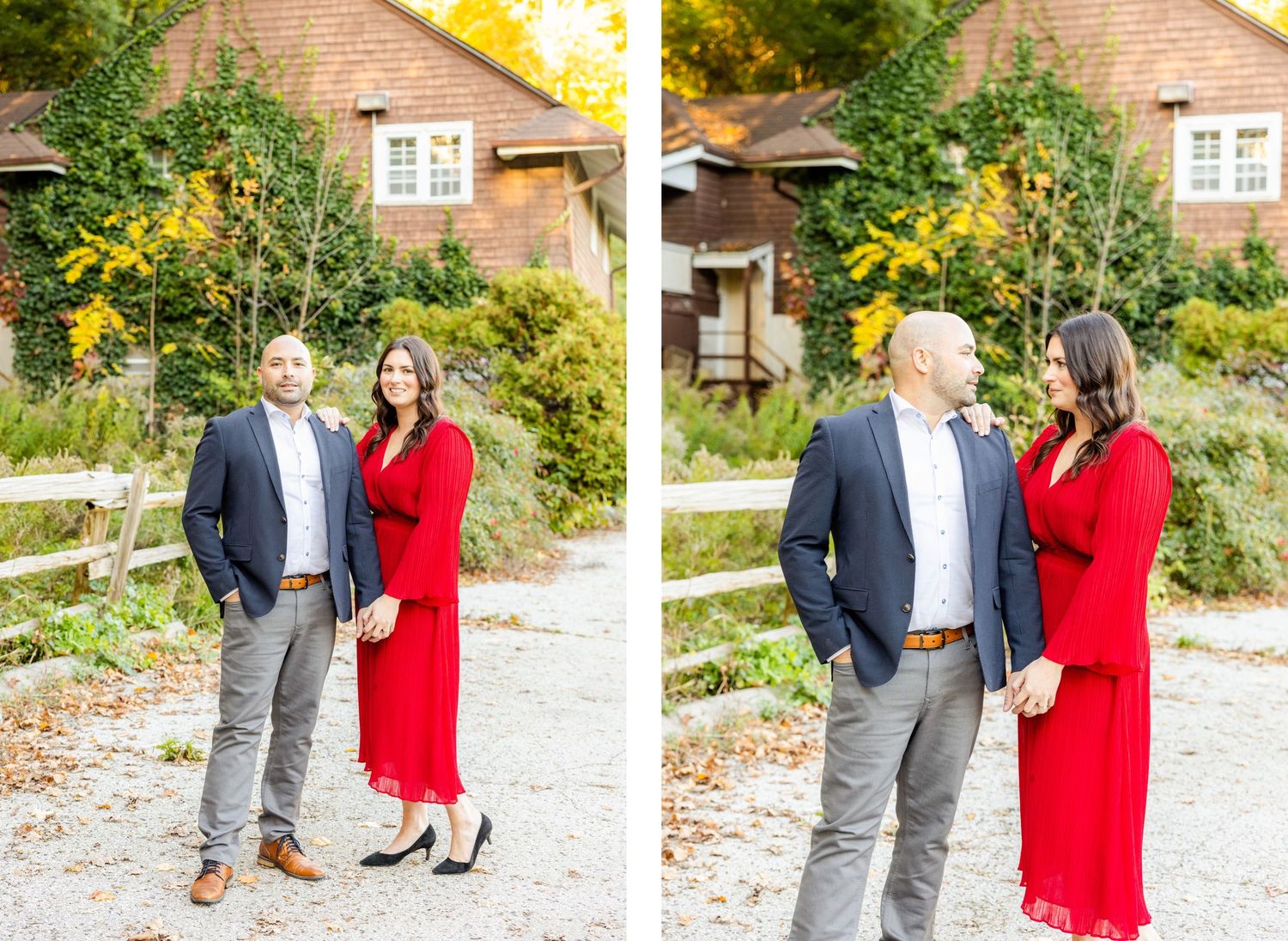 Side-by-side photos of couple in formal wear posing outside rustic house in fall setting.