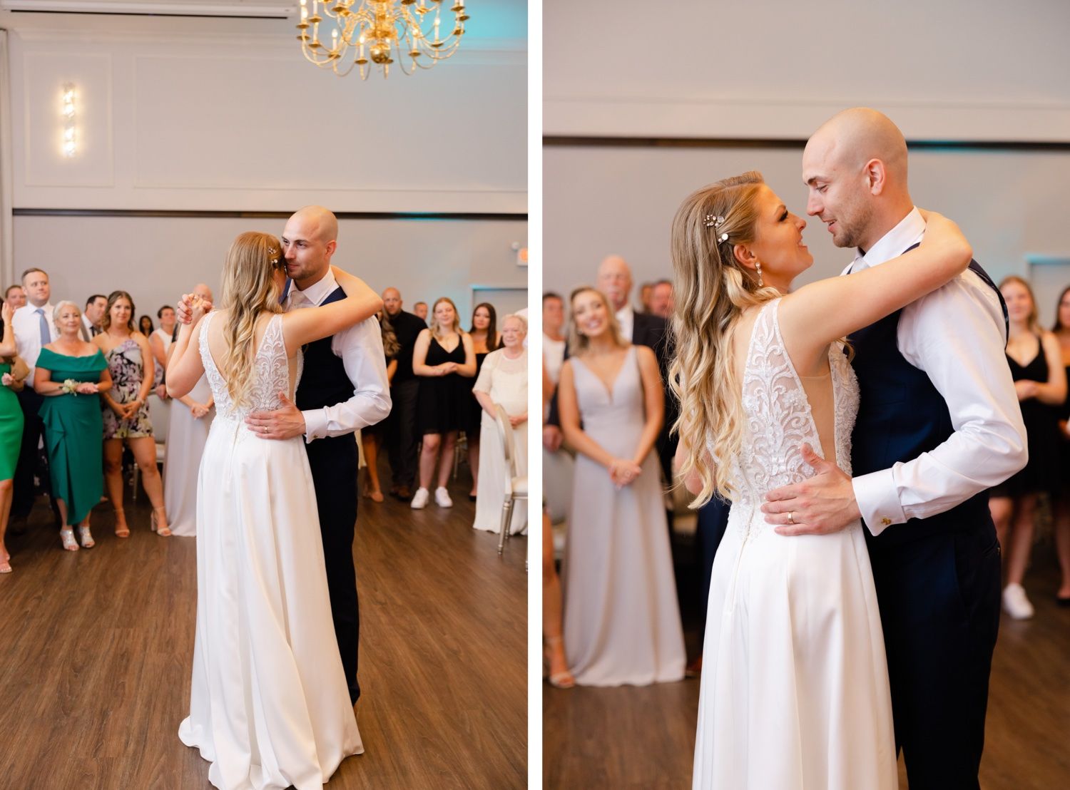 Side by side photos of couple dancing at wedding reception with gold chandelier overhead.