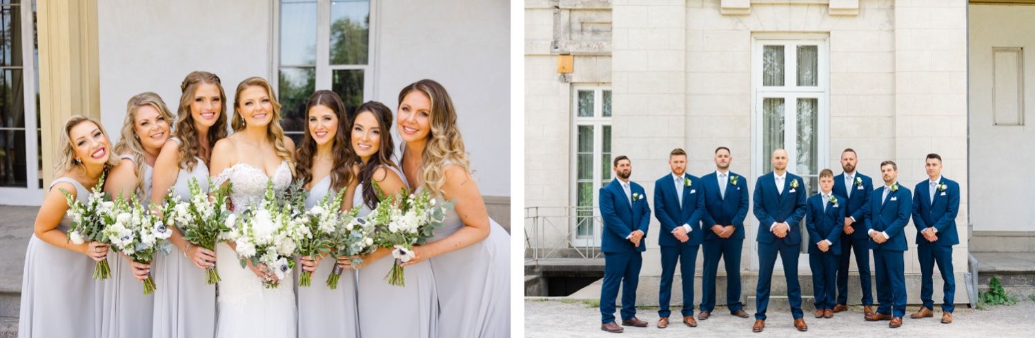Side-by-side photos of bridal party and groomsmen in coordinated navy and gray attire.