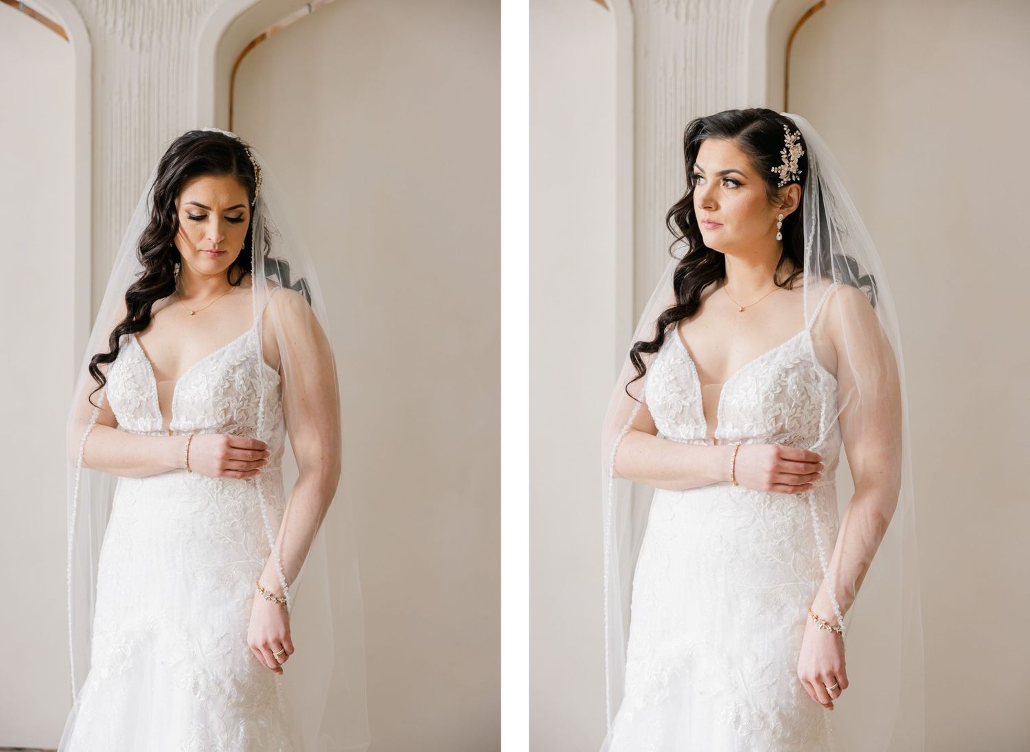Side by side bridal portraits featuring a stunning lace wedding gown and long dark curls.