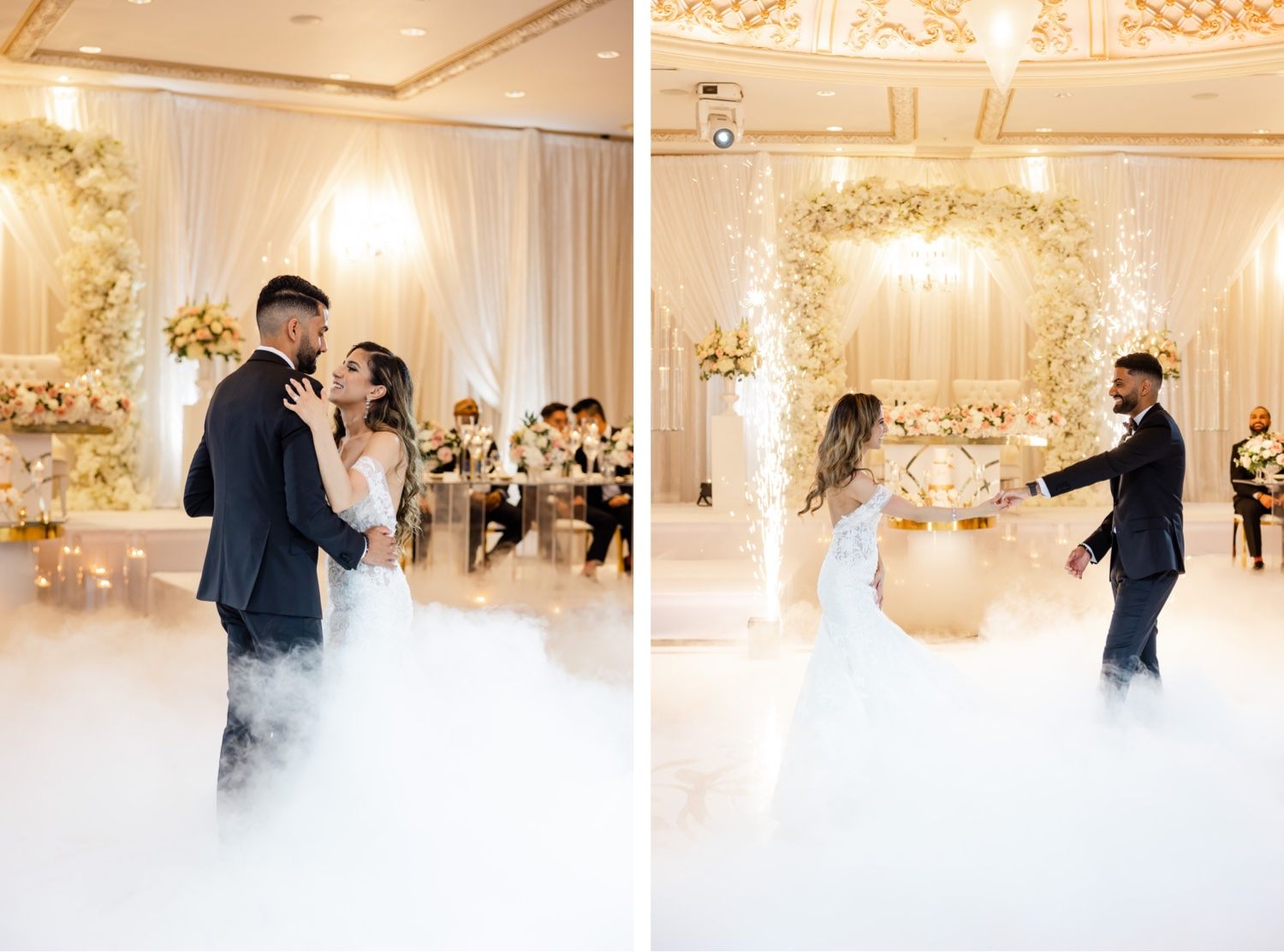 Wedding couple dancing surrounded by dramatic fog effects in an elegant ballroom.