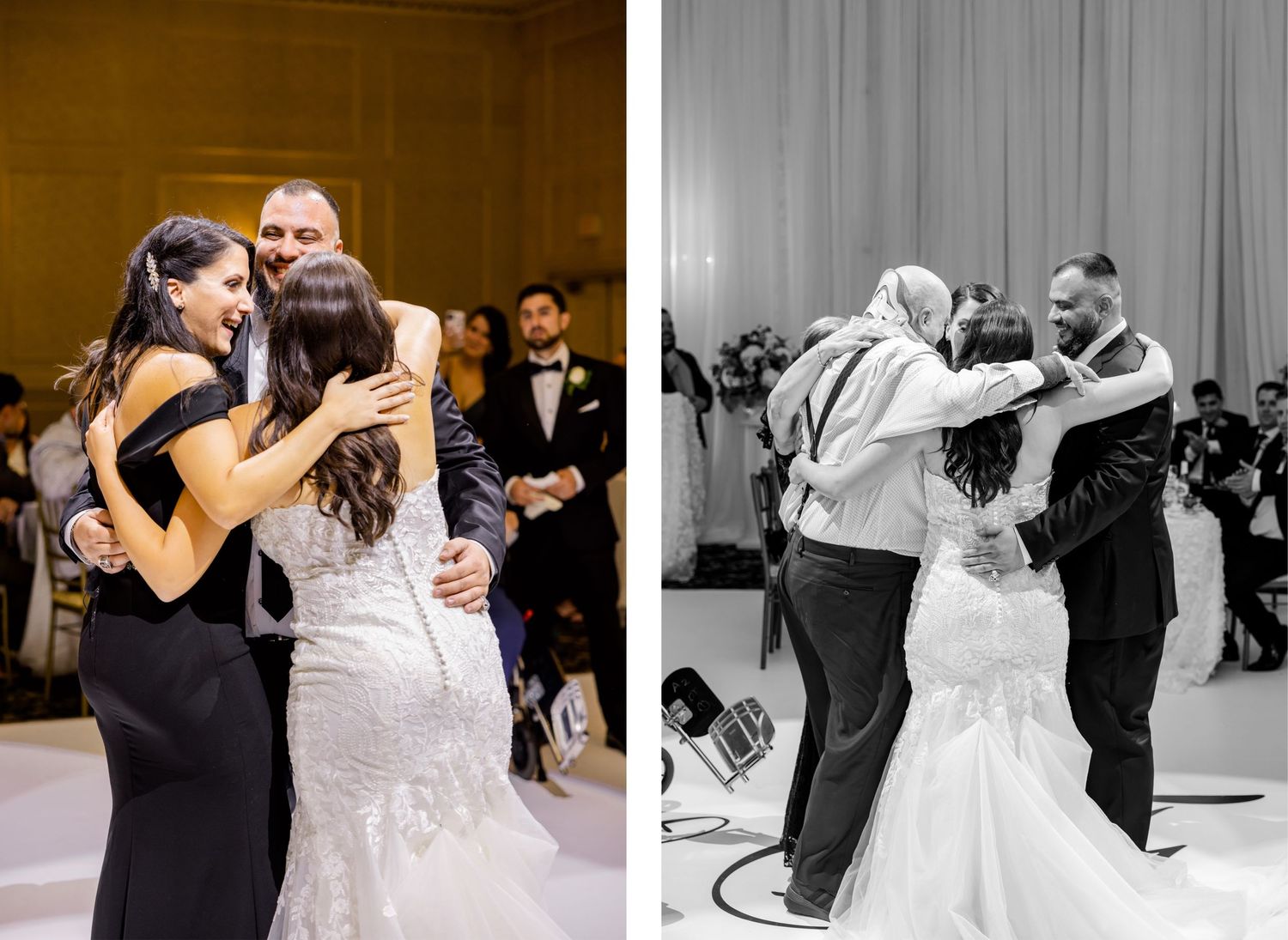 Wedding reception dance floor moments captured in color and black and white at an elegant ballroom venue.